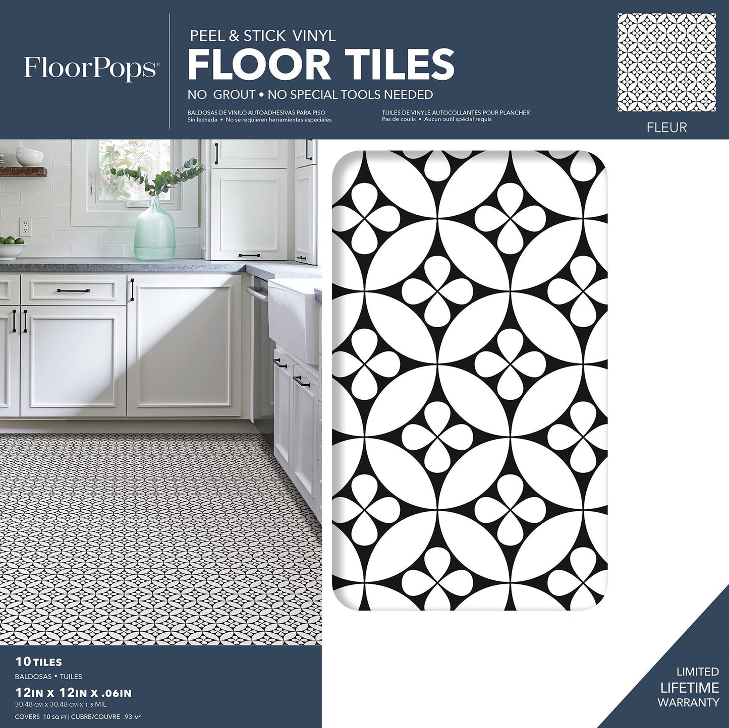 FloorPops Fleur Black & White 12-in x 12-in Peel and Stick Vinyl Floor Tiles, Water-Resistant, 20-sq ft Coverage