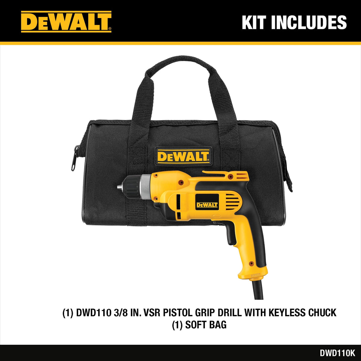 DEWALT 8-Amp 3/8-in Keyless Corded Drill, Soft Bag, 0-2500 RPM (DWD110K)