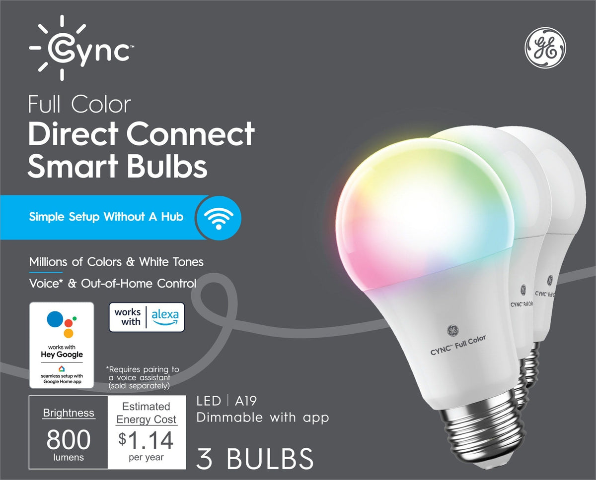GE C by GE (Cync) 60W Equivalent A19 Full Color Dimmable Smart LED Light Bulb, Direct Connect, 3-Pack
