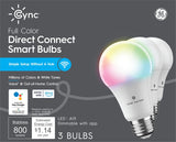 GE C by GE (Cync) 60W Equivalent A19 Full Color Dimmable Smart LED Light Bulb, Direct Connect, 3-Pack