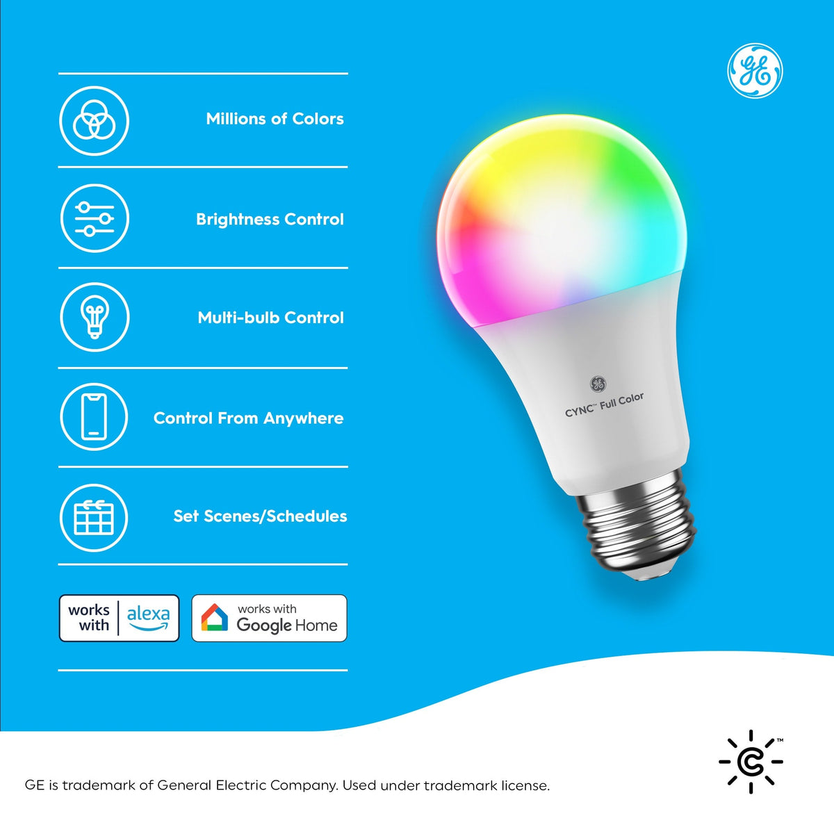 GE C by GE (Cync) 60W Equivalent A19 Full Color Dimmable Smart LED Light Bulb, Direct Connect, 3-Pack