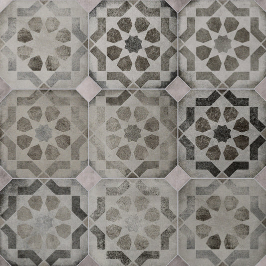 Affinity Tile Laverton Octagon Deco Sombra with Taco Gris 8-in x 8-in Matte Porcelain Cement look Multi-shaped Floor and Wall Tile product image