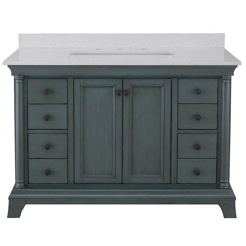 Strousse 37 in. W x 22 in. D Vanity in Distressed Blue Fog with Engineered Stone Top in Ice Diamond with White Sink - Super Arbor
