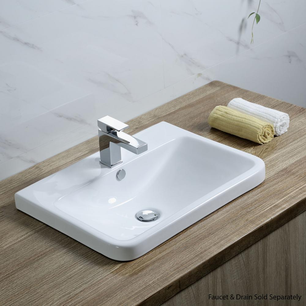 Rectangular 24 in. Drop-In Ceramic Bathroom Sink in White - Super Arbor