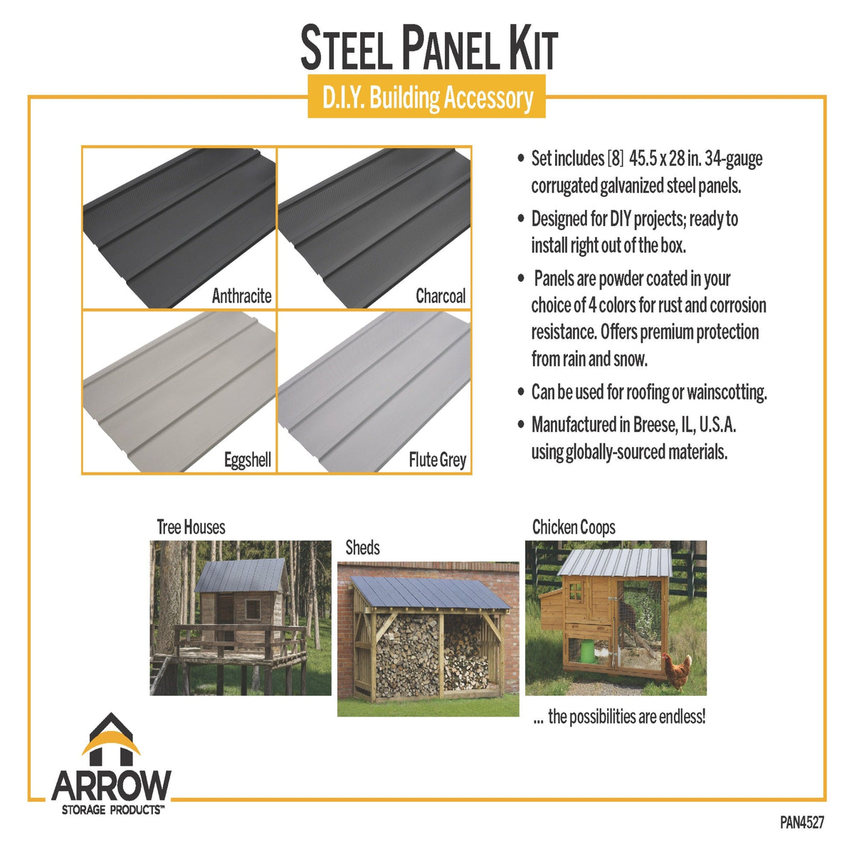 Arrow Steel Panels 2-ft x 4-ft Corrugated Charcoal Galvanized Steel Roof Panel Kit, 8-Pack (45.5 in x 28 in)