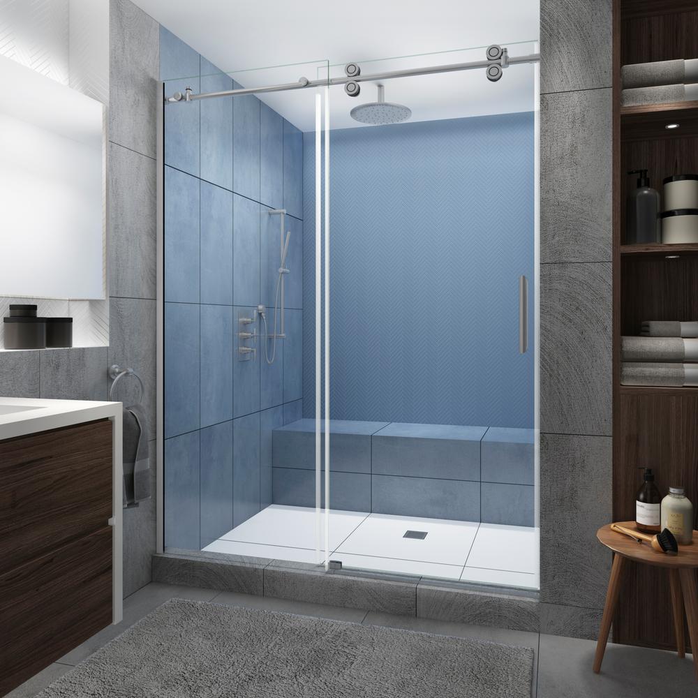 Langham XL 68 - 72 in. x 80 in. Frameless Sliding Shower Door with Ultra-Bright Frosted Glass in Stainless Steel - Super Arbor