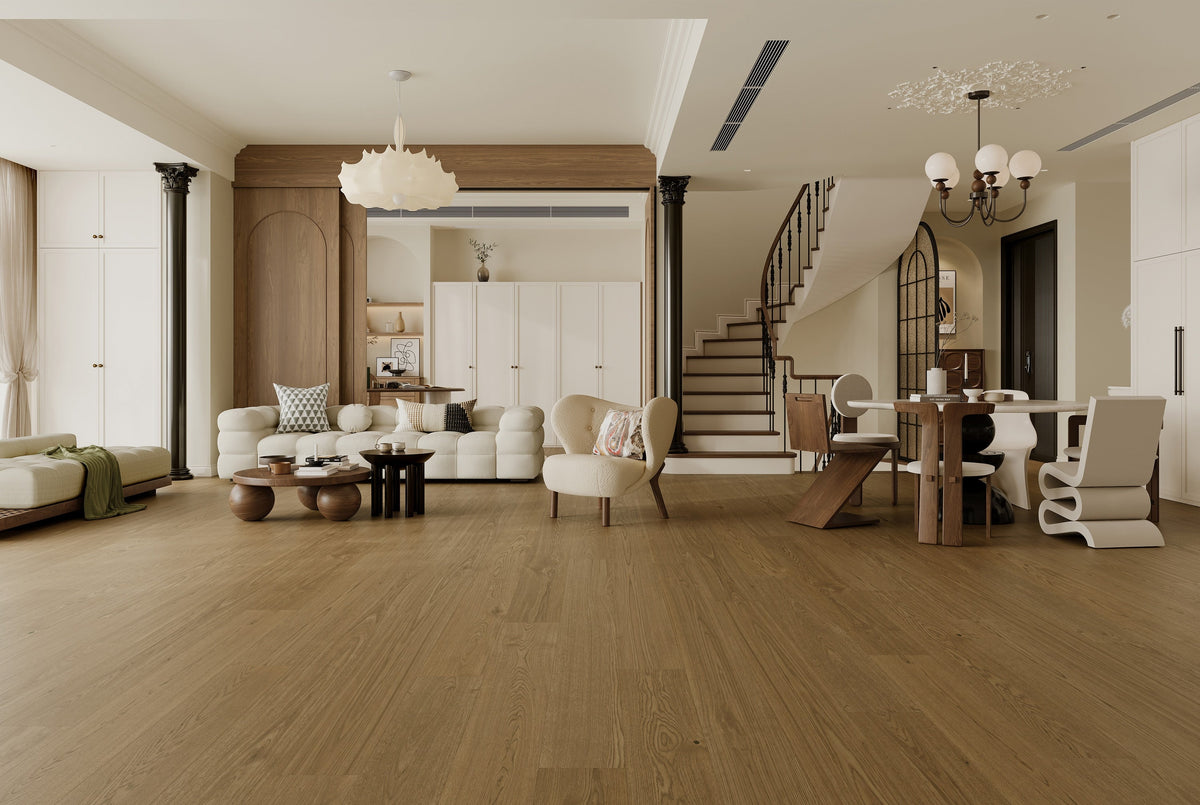 Element Flooring European white oak Logan hardwood flooring — installed room view