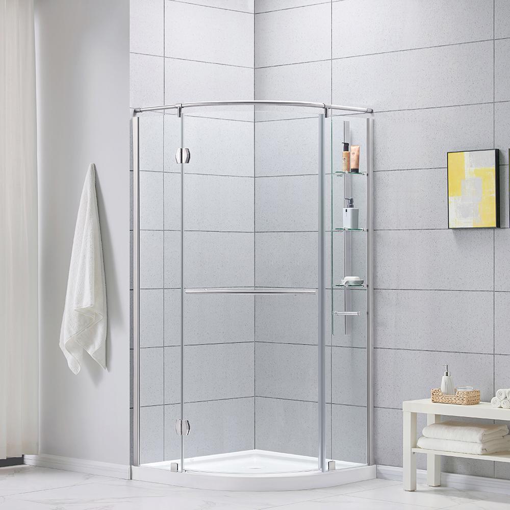 Glamour 38 in. x 73.90 in. Semi-Frameless Pivot Corner Shower Door in Satin Nickel with 38 in. x 38 in. Base in White - Super Arbor