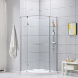Glamour 38 in. x 73.90 in. Semi-Frameless Pivot Corner Shower Door in Satin Nickel with 38 in. x 38 in. Base in White - Super Arbor