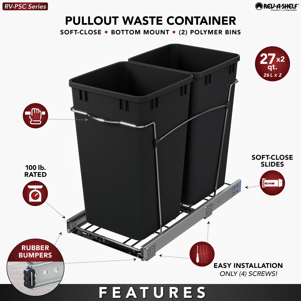 Rev-A-Shelf 27-Quart Plastic Soft-Close Dual Pull-Out Trash Can, Chrome Frame