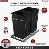 Rev-A-Shelf 27-Quart Plastic Soft-Close Dual Pull-Out Trash Can, Chrome Frame