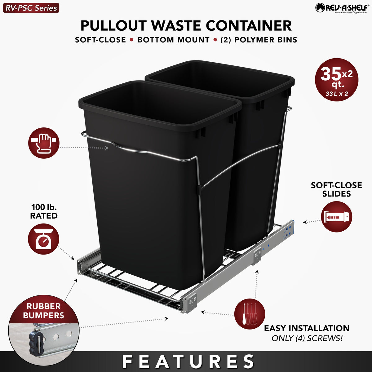 Rev-A-Shelf 35-Quart Plastic Soft-Close Dual Pull-Out Trash Can, Chrome Frame