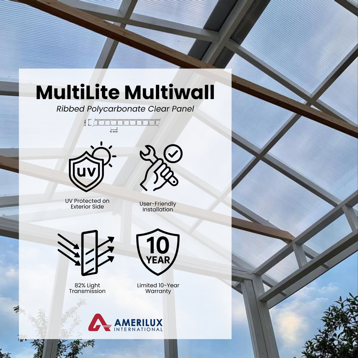 AmeriLux International MultiLite 3-ft x 8-ft Ribbed Clear Polycarbonate Roof Panel, 6mm Multiwall