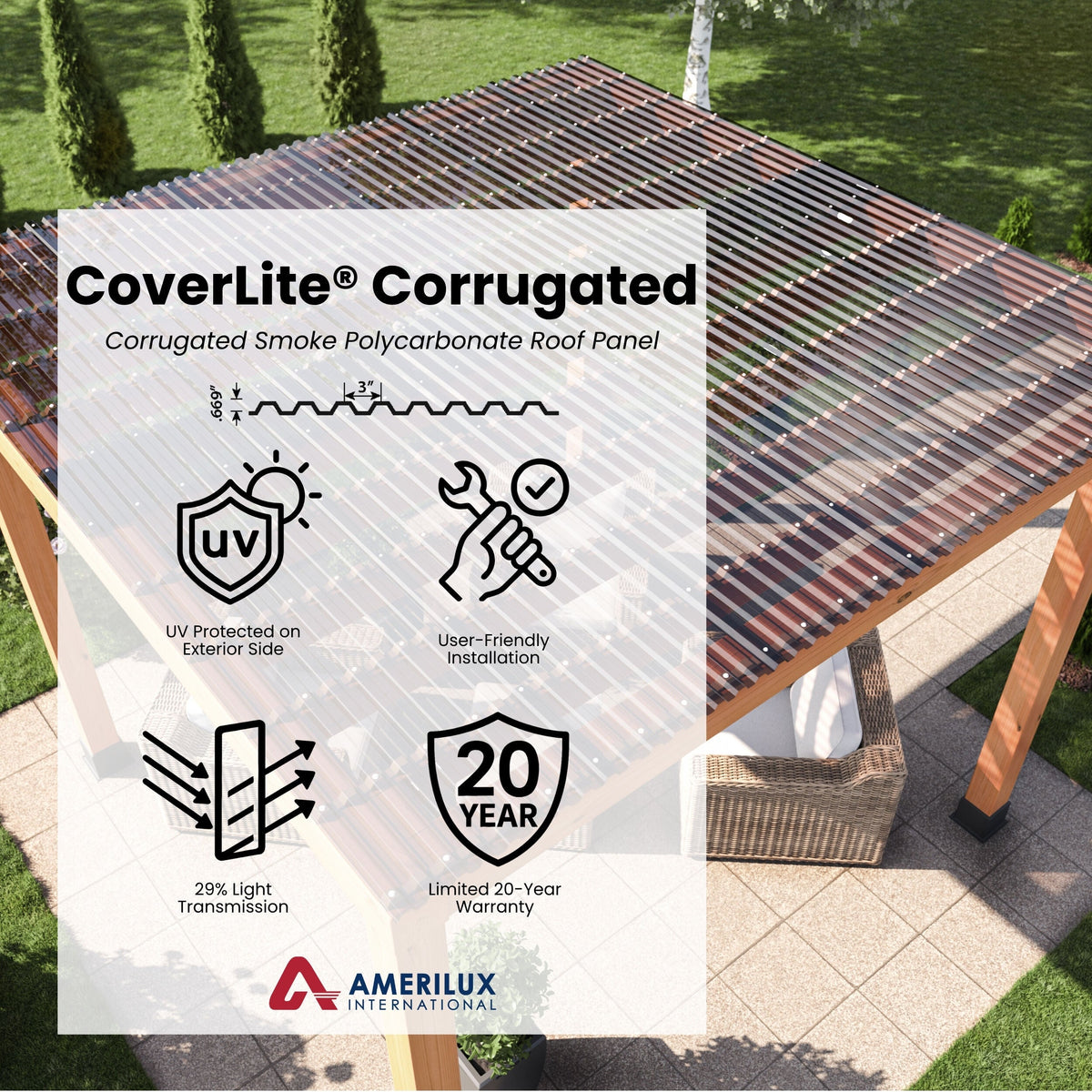 AmeriLux International CoverLite 2.16-ft x 8-ft Corrugated Smoke Polycarbonate Roof Panel