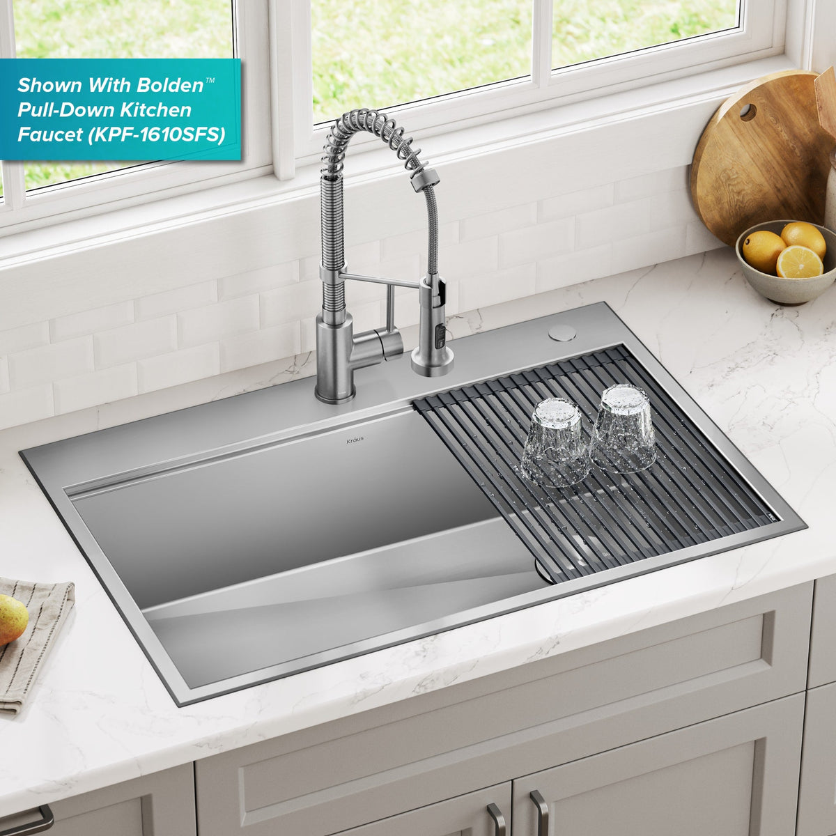 Kraus Kore 33-in x 22-in Stainless Steel Single Bowl Dual-Mount Workstation Kitchen Sink, 2-Hole All-in-One Kit with Accessories
