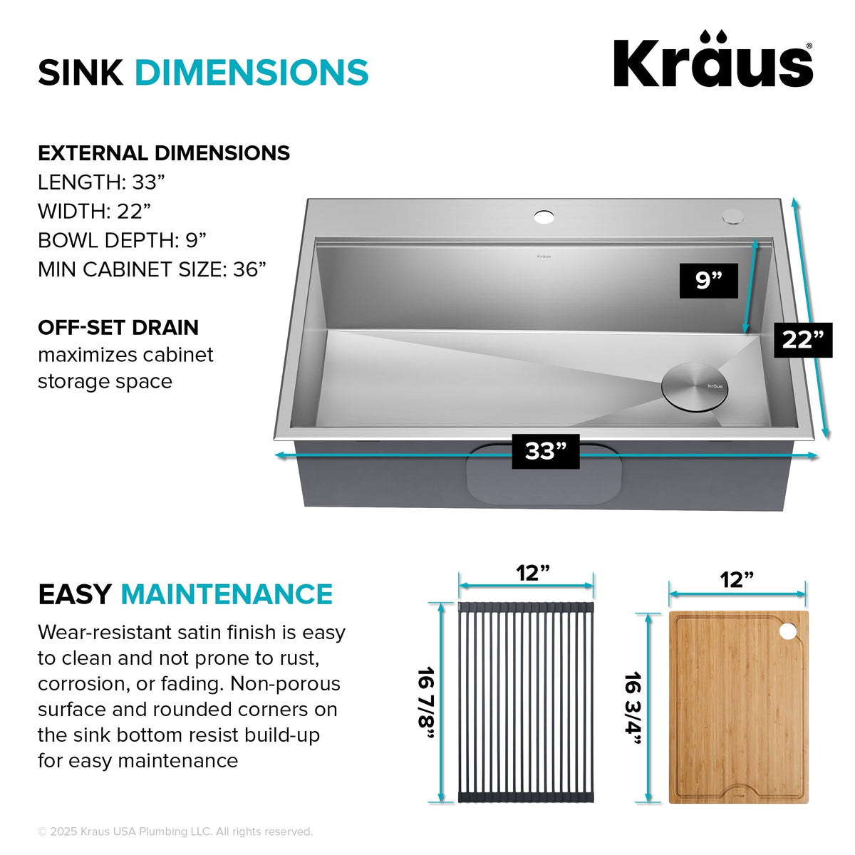 Kraus Kore 33-in x 22-in Stainless Steel Single Bowl Dual-Mount Workstation Kitchen Sink, 2-Hole All-in-One Kit with Accessories