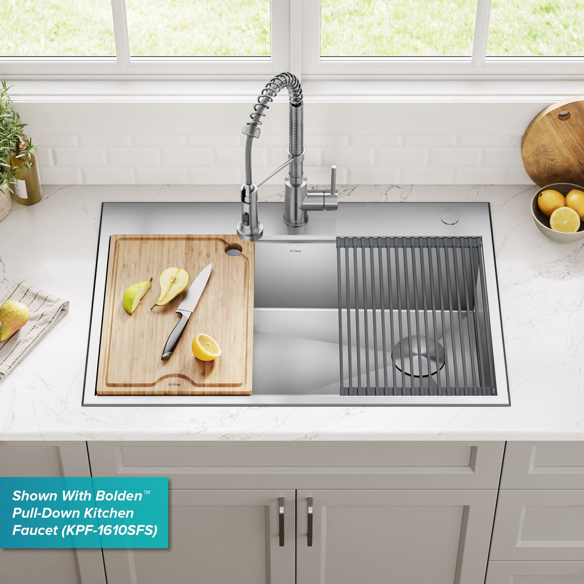 Kraus Kore 33-in x 22-in Stainless Steel Single Bowl Dual-Mount Workstation Kitchen Sink, 2-Hole All-in-One Kit with Accessories
