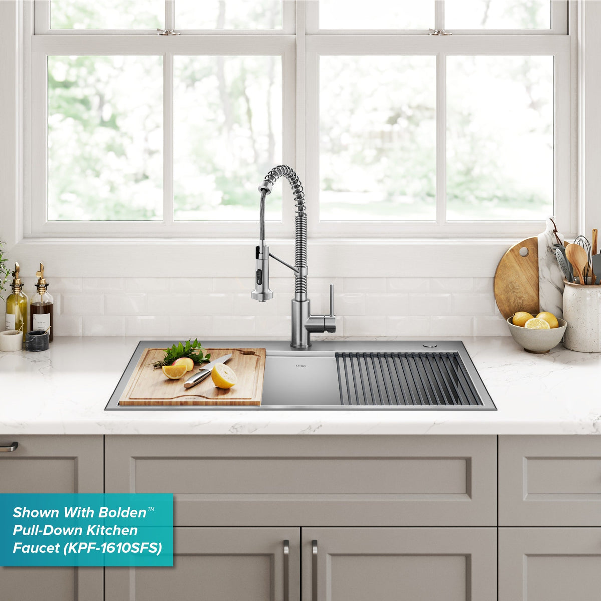 Kraus Kore 33-in x 22-in Stainless Steel Single Bowl Dual-Mount Workstation Kitchen Sink, 2-Hole All-in-One Kit with Accessories