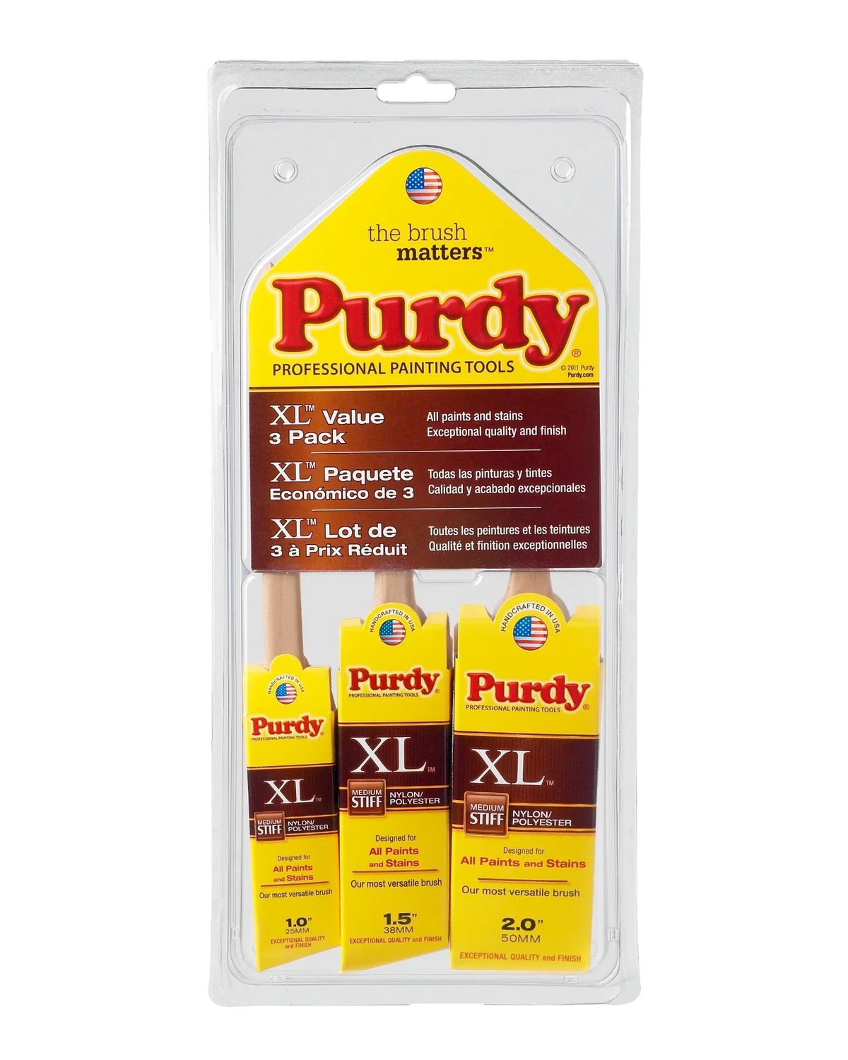 Purdy XL Paint Brush Multi-Pack, Nylon/Polyester Blend, Angle 1.5-in (with 1-in and 2-in) – 3-Pack