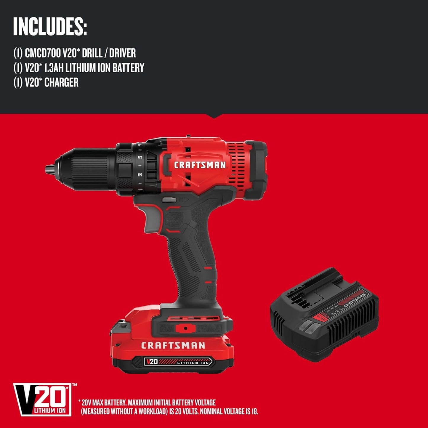 CRAFTSMAN V20 Cordless Drill/Driver Kit, 1/2 in., Battery & Charger Included (CMCD700C1)