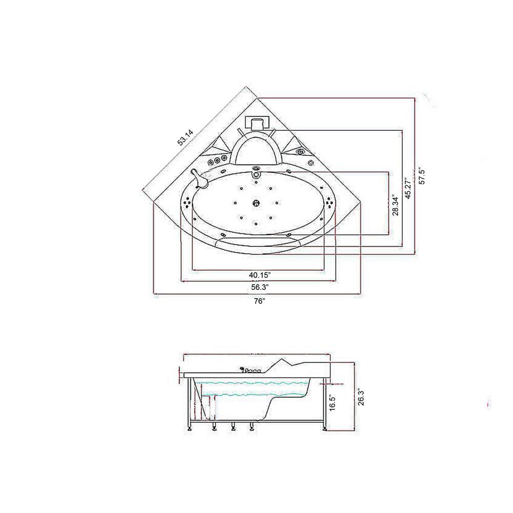 Miami with heater 53.14 in. Acrylic Center Drain Corner Alcove Whirlpool Bathtub in White - Super Arbor