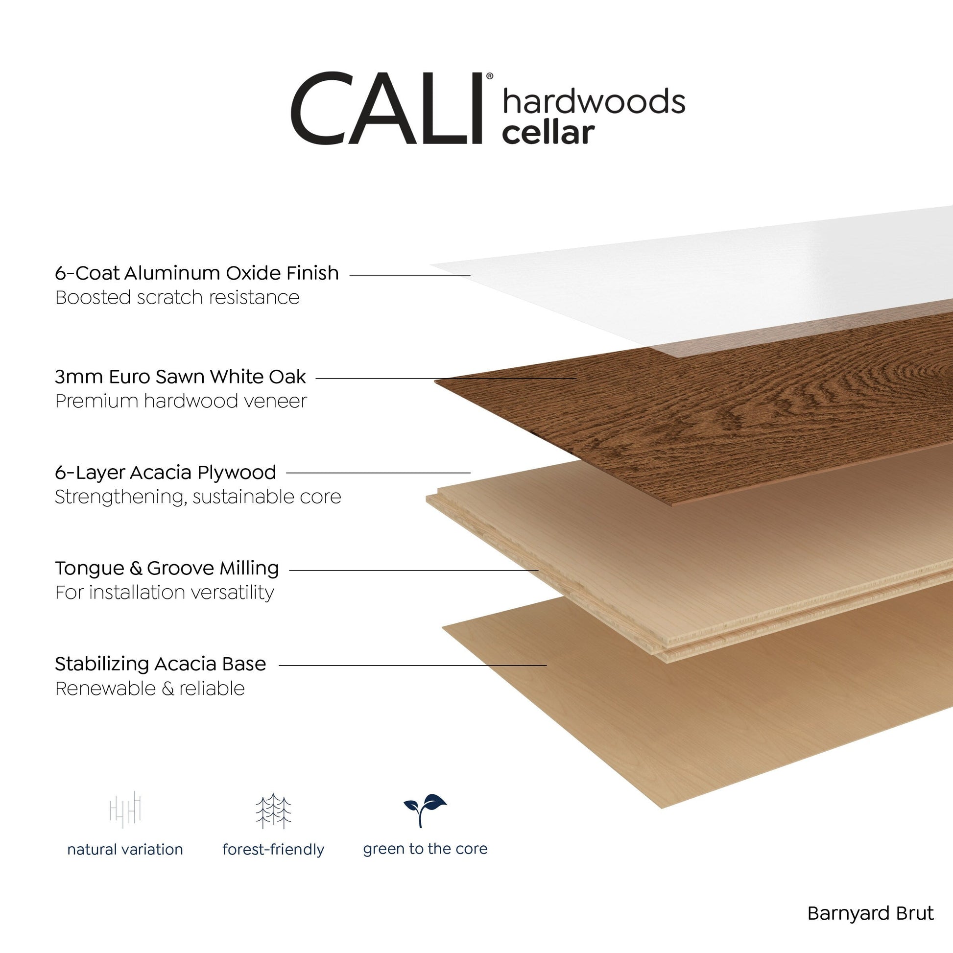 CALI European white oak Barnyard Brut hardwood flooring — carton and plank detail