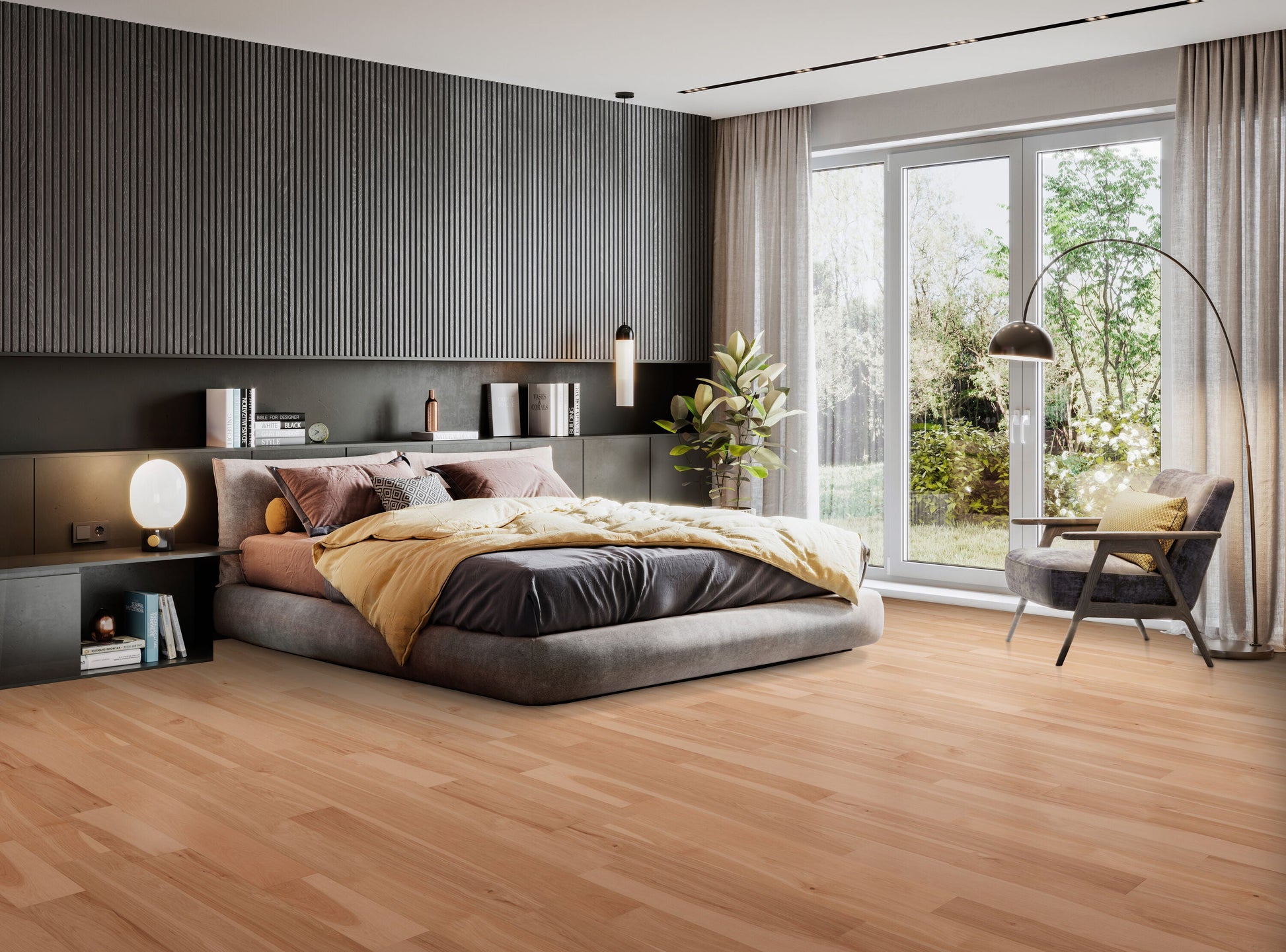 CALI Hickory Natural Hickory hardwood flooring — installed room view