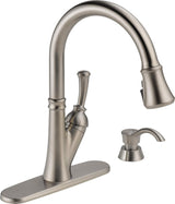 Delta Savile 1-Handle Deck-Mount Pull-Down Kitchen Faucet with Lever Handle, Deck Plate & Soap Dispenser – Stainless