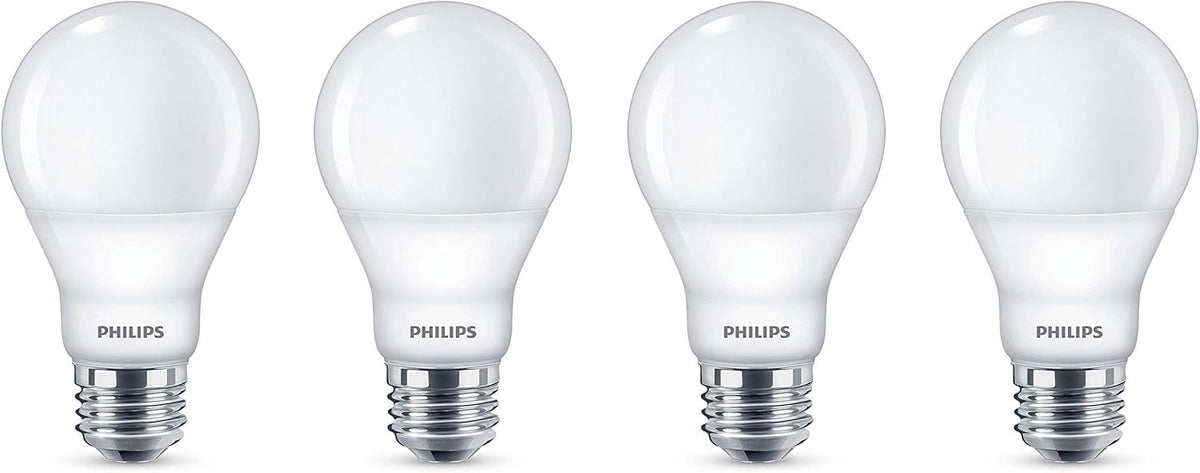 Philips 60-Watt Equivalent A19 Dimmable Warm White LED Light Bulb, Warm Glow Effect, E26 Base, 800 Lumens, 4-Pack