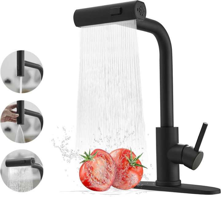 JOOM Black Kitchen Faucet with Pull Down Sprayer, Waterfall Design, Stainless Steel