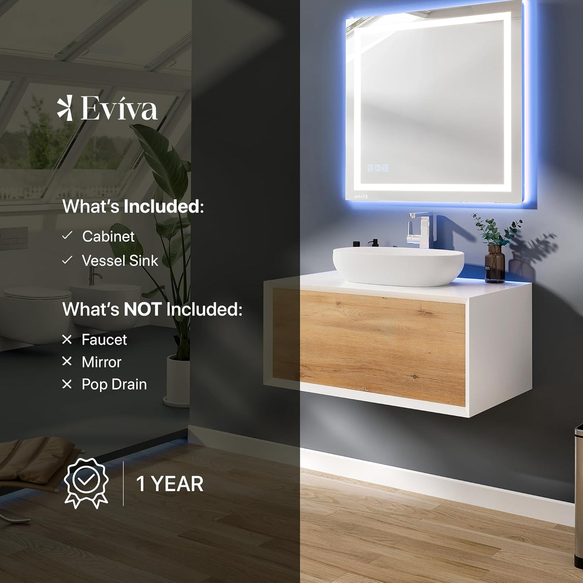Eviva Santa Monica 36 in. W x 22 in. D x 16 in. H Wall-Mount Single Bath Vanity in White with White Vessel Sink