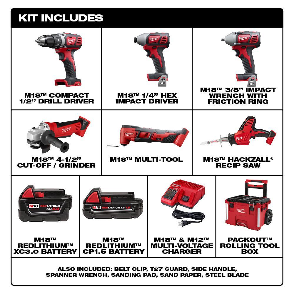 M18 18-Volt Lithium-Ion Cordless Combo Tool Kit (6-Tool) with Hole Saw Set (13-Piece) and PACKOUT Rolling Tool Box - Super Arbor