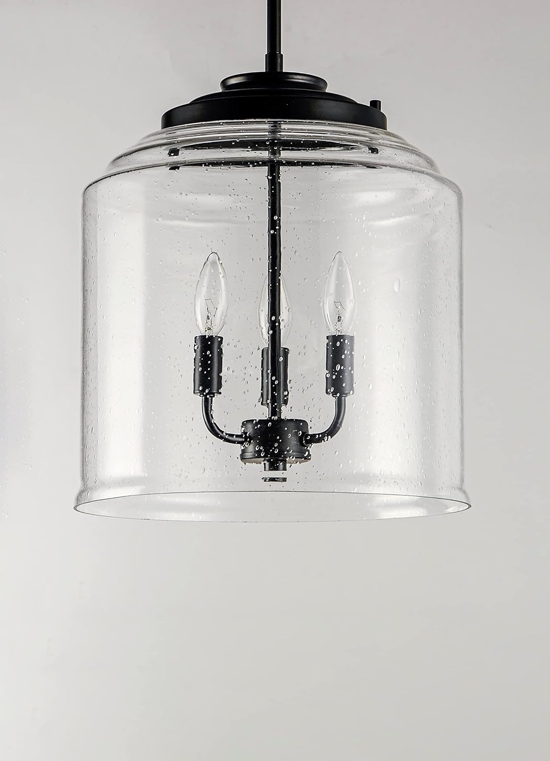 Maxim Lighting Acadia Black Transitional Seeded Glass Bell Pendant Light, 13.75" Diameter x 16" Height, 3-Light