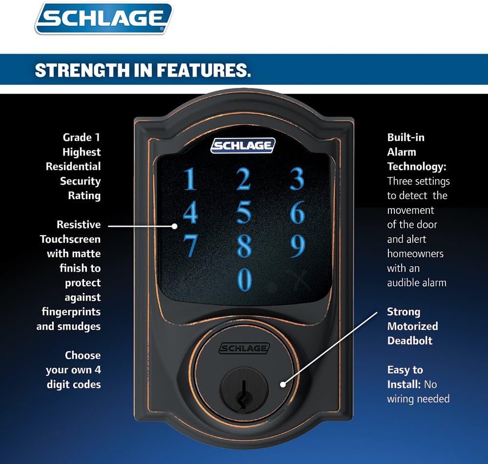 Schlage Camelot Aged Bronze Connect Z‑Wave Plus Smart Deadbolt & Camelot Handleset with Accent Lever, Camelot Trim