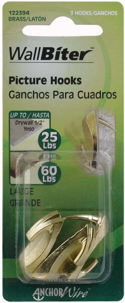 Hillman WallBiter Brass-Plated Silver Large Picture Hook, 60 lb, 3 Pack