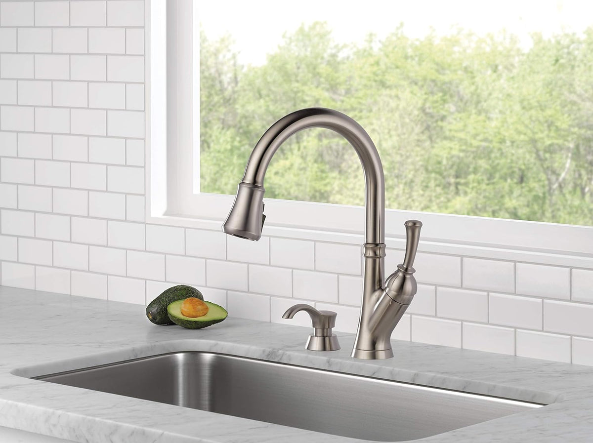 Delta Savile 1-Handle Deck-Mount Pull-Down Kitchen Faucet with Lever Handle, Deck Plate & Soap Dispenser – Stainless