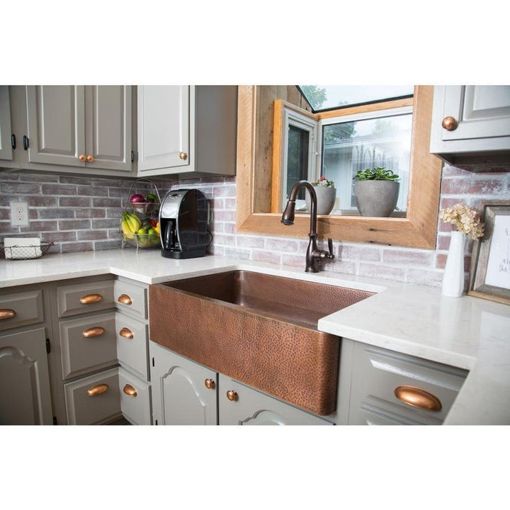 Adams All-in-One Farmhouse Copper 33 in. Single Bowl Kitchen Sink with Pfister Rustic Bronze Faucet and Disposal Drain