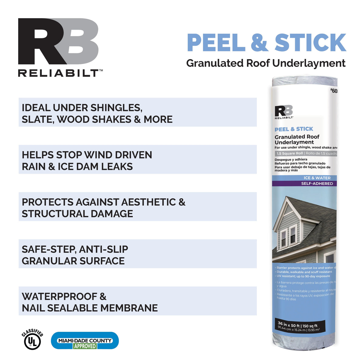 RELIABILT Peel & Stick Granulated Roof Underlayment, 36 in x 50 ft (150 sq ft) Rubberized Asphalt