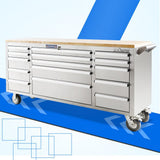 72 in. 15-Drawer Mobile Workbench Tool Chest Cabinet with Wooden Top in Stainless Steel - Super Arbor