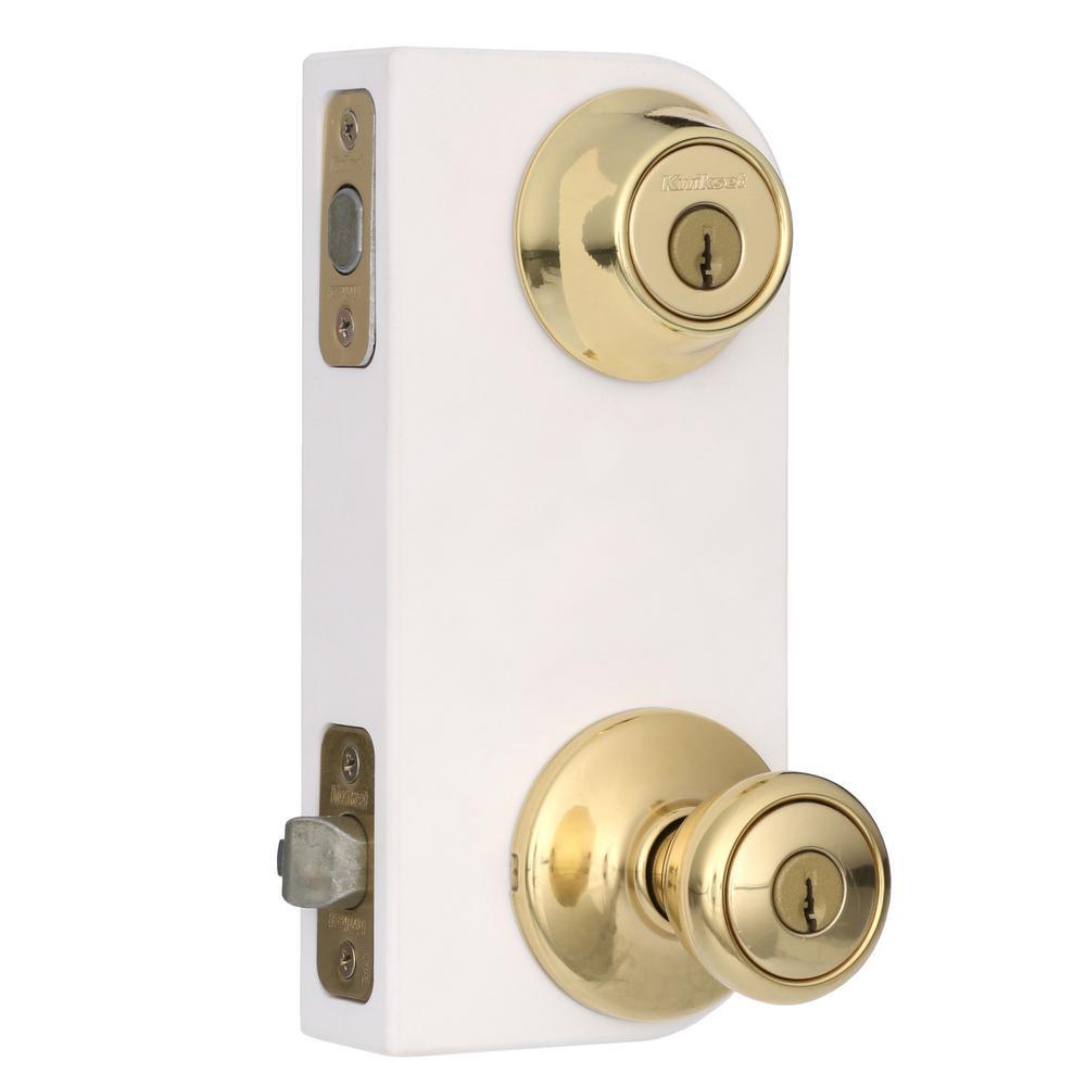 Tylo Polished Brass Entry Door Knob and Double Cylinder Deadbolt Combo Pack with Microban Antimicrobial Technology - Super Arbor