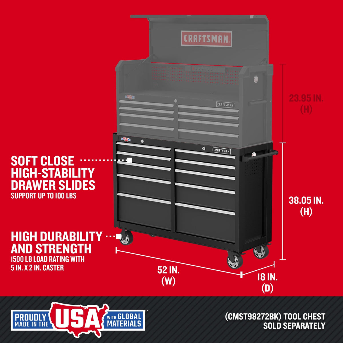 CRAFTSMAN 2000 Series 52-in W x 37.5-in H 10-Drawer Steel Rolling Tool Cabinet (Black)