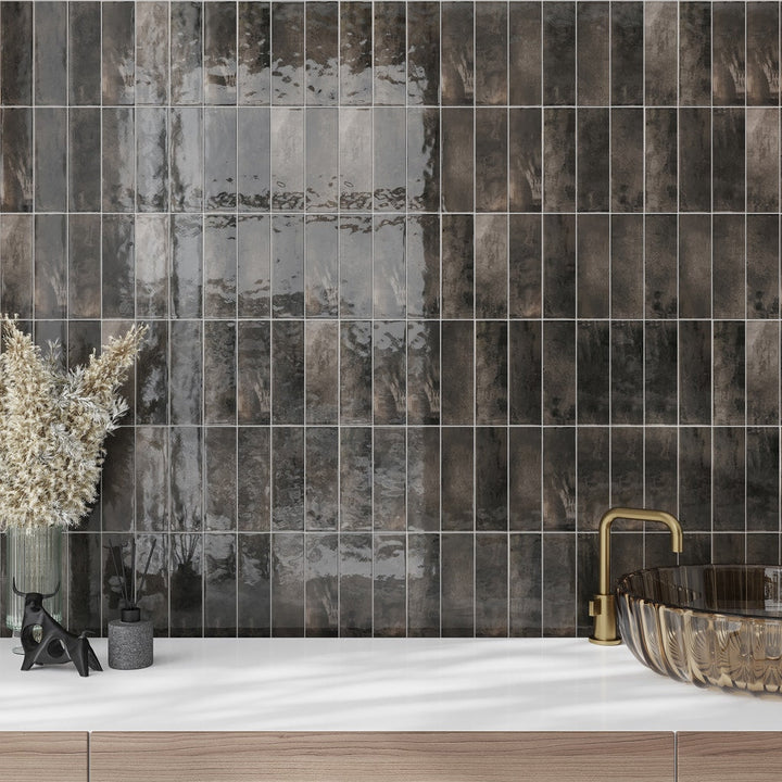 Apollo Tile Antiek Black 3-in x 8-in Glossy Ceramic Brick look Floor and Wall Tile product image