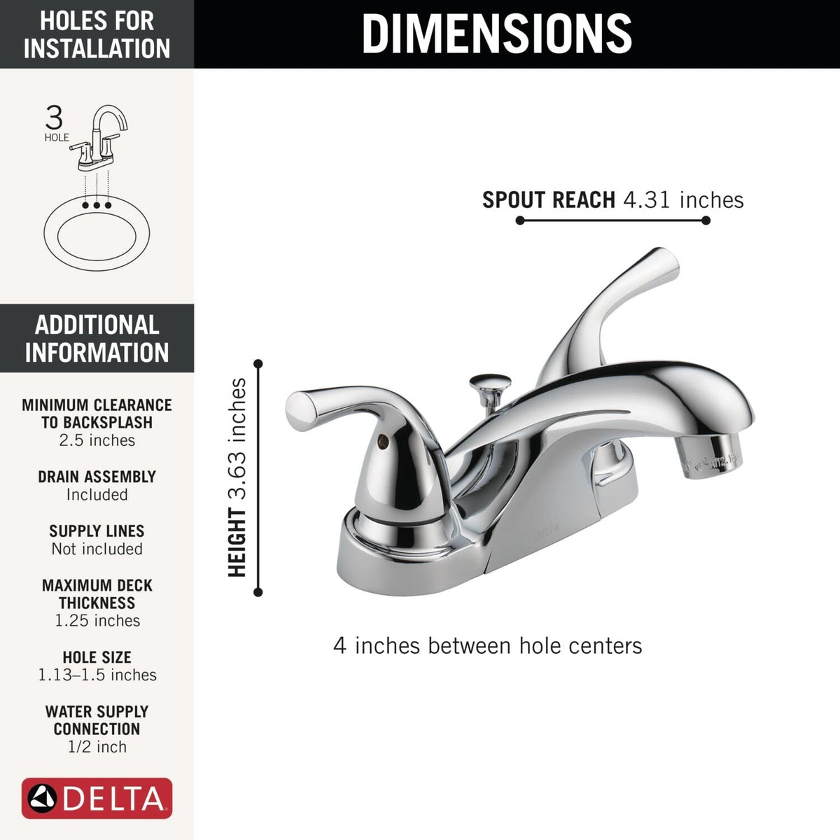 Delta Foundations Chrome 2-Handle 4-in Centerset WaterSense Bathroom Sink Faucet with Drain, B2515LF-PPU-ECO