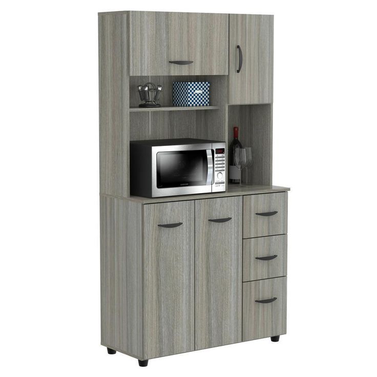 Aoibox Microwave Storage Utility Kitchen Cabinet in Smoke Oak - 35 in. W x 66.1 in. H x 15.4 in. D