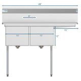 Freestanding Stainless Steel 48 in. 2-Hole Double Bowl Commercial Kitchen Sink Right Drainboard