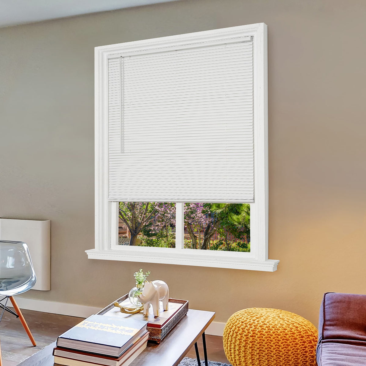 Project Source 1-in Slat Width 45-in x 64-in Cordless White Vinyl Room Darkening Mini Blinds