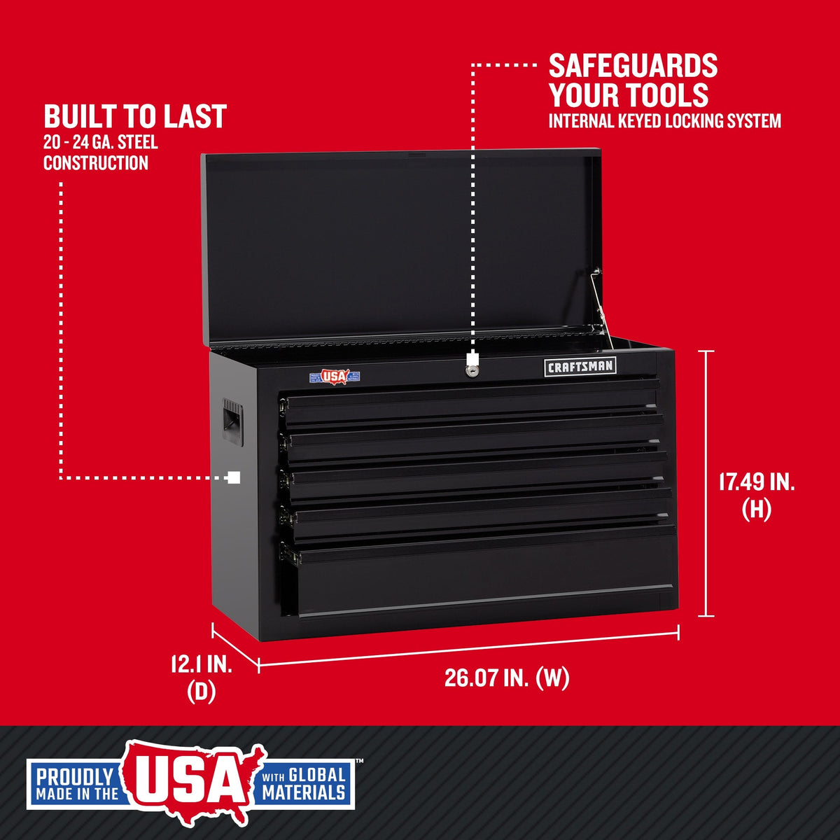 CRAFTSMAN 1000 Series 26-in W x 17.25-in H 5-Drawer Steel Tool Chest (Black) & 57-Piece Household Tool Set with Hard Case