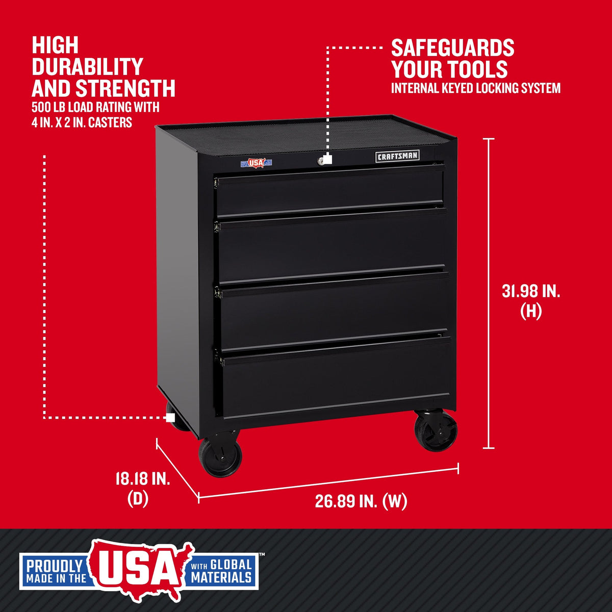 CRAFTSMAN 1000 Series 26.5-in W x 32.5-in H 4-Drawer Steel Rolling Tool Cabinet (Black)