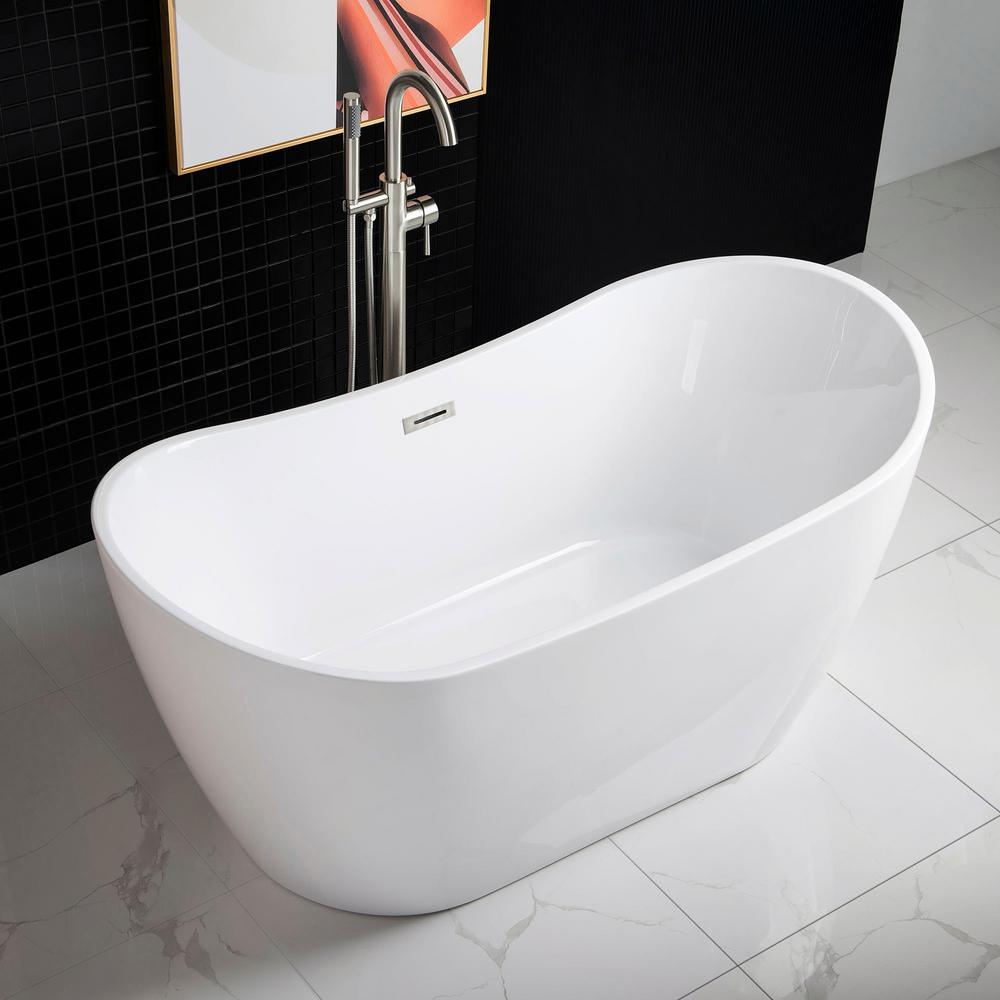 Ladlow 59 in. Acrylic Freestanding Double Slipper Flat Bottom Soaking Bathtub with Drain and Overflow Included in White - Super Arbor