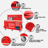 62 in. W x 22 in. D 10-Drawer Tool Chest Cabinet with Pegboard Back Wall Heavy-Duty Mobile Workbench in Red - Super Arbor